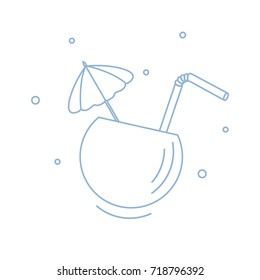 Stylized icon of the cocktail in half coconut, tube and umbrella. Travel and leisure. Design for banner, poster or print.