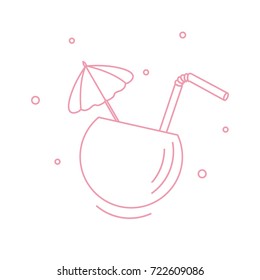 Stylized icon of the cocktail in half coconut, tube and umbrella. Travel and leisure. Design for banner, poster or print.
