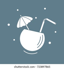Stylized icon of the cocktail in half coconut, tube and umbrella. Travel and leisure. Design for banner, poster or print.