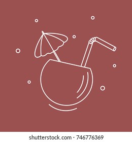 Stylized icon of the cocktail in half coconut, tube and umbrella. Travel and leisure. Design for banner, poster or print.
