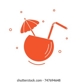 Stylized icon of the cocktail in half coconut, tube and umbrella. Travel and leisure. Design for banner, poster or print.