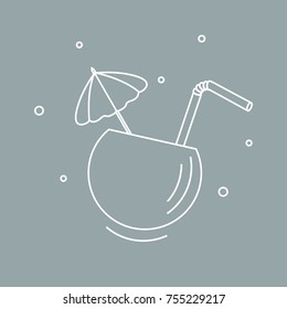 Stylized icon of the cocktail in half coconut, tube and umbrella. Travel and leisure. Design for banner, poster or print.