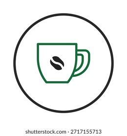 Stylized icon of a coffee cup featuring a green outline and a single coffee bean marking the cup's face, designed for commercial or personal projects with a clean and modern aesthetic. Suitable for