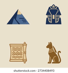 A stylized icon collection inspired by ancient civilizations, featuring pyramids, an Egyptian pharaoh mask, a papyrus scroll, and a seated jackal figure, symbolizing history, mythology, and ancient culture.
