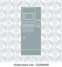 Stylized icon of a colored automatic teller machine or ATM on a bitcoins background.