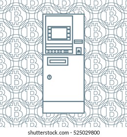 Stylized icon of a colored automatic teller machine or ATM on a bitcoins background.
