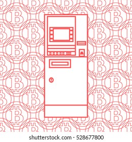 Stylized icon of a colored automatic teller machine or ATM on a bitcoins background.