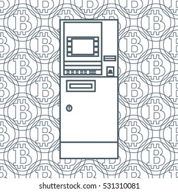 Stylized icon of a colored automatic teller machine or ATM on a bitcoins background.