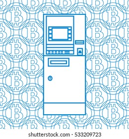 Stylized icon of a colored automatic teller machine or ATM on a bitcoins background.