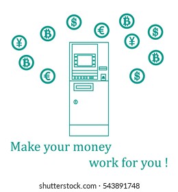 Stylized icon of a colored automatic teller machine or ATM and different types of currency and Bitcoins. Design for banner, poster or print.