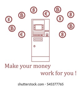 Stylized icon of a colored automatic teller machine or ATM and different types of currency and Bitcoins. Design for banner, poster or print.