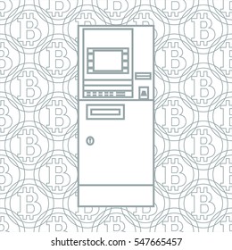 Stylized icon of a colored automatic teller machine or ATM on a bitcoins background.