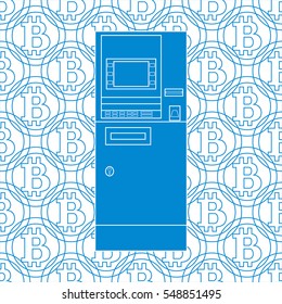 Stylized icon of a colored automatic teller machine or ATM on a bitcoins background.