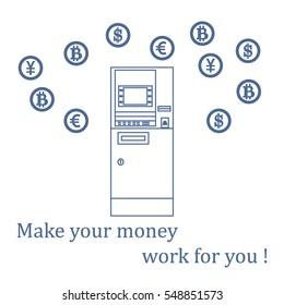 Stylized icon of a colored automatic teller machine or ATM and different types of currency and Bitcoins. Design for banner, poster or print.