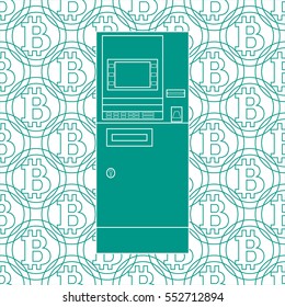 Stylized icon of a colored automatic teller machine or ATM on a bitcoins background.