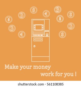 Stylized icon of a colored automatic teller machine or ATM and different types of currency and Bitcoins. Design for banner, poster or print.