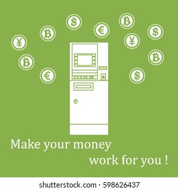 Stylized icon of a colored automatic teller machine or ATM and different types of currency and Bitcoins. Design for banner, poster or print.