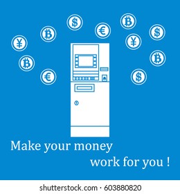 Stylized icon of a colored automatic teller machine or ATM and different types of currency and Bitcoins. Design for banner, poster or print.