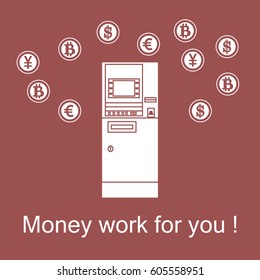 Stylized icon of a colored automatic teller machine or ATM and different types of currency and Bitcoins. Design for banner, poster or print.