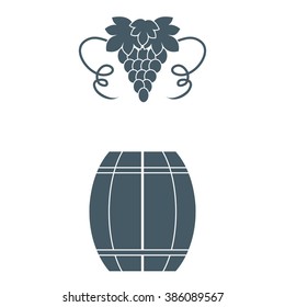 Stylized icon of a colored barrel of wine and a bunch of grapes on a white background
