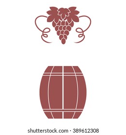 Stylized icon of a colored barrel of wine and a bunch of grapes on a white background