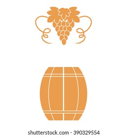 Stylized icon of a colored barrel of wine and a bunch of grapes on a white background