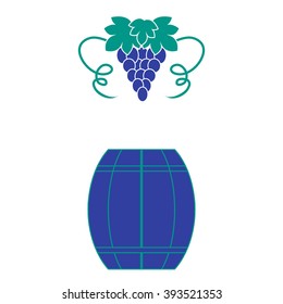 Stylized icon of a colored barrel of wine and a bunch of grapes on a white background