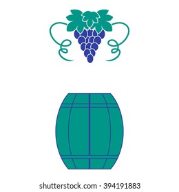 Stylized icon of a colored barrel of wine and a bunch of grapes on a white background