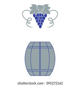 Stylized icon of a colored barrel of wine and a bunch of grapes on a white background