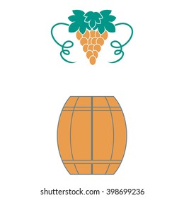 Stylized icon of a colored barrel of wine and a bunch of grapes on a white background