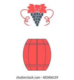 Stylized icon of a colored barrel of wine and a bunch of grapes on a white background