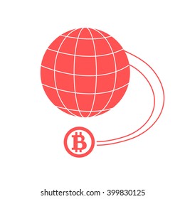 Stylized icon of a colored bitcoin as a means of payment speed worldwide on a white background