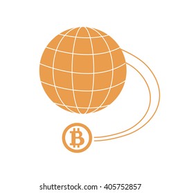 Stylized icon of a colored bitcoin as a means of payment speed worldwide on a white background