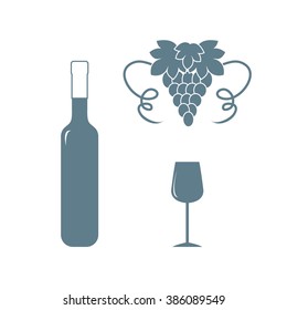 Stylized icon of a colored bottle of wine, wine glass and grapes on a white background
