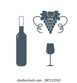 Stylized icon of a colored bottle of wine, wine glass and grapes on a white background
