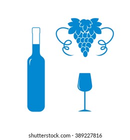 Stylized icon of a colored bottle of wine, wine glass and grapes on a white background