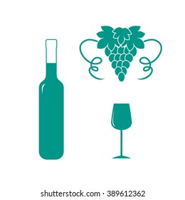 Stylized icon of a colored bottle of wine, wine glass and grapes on a white background