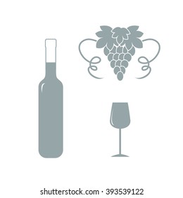 Stylized icon of a colored bottle of wine, wine glass and grapes on a white background