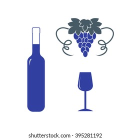 Stylized icon of a colored bottle of wine, wine glass and grapes on a white background