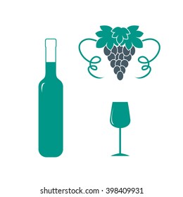 Stylized icon of a colored bottle of wine, wine glass and grapes on a white background