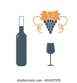 Stylized icon of a colored bottle of wine, wine glass and grapes on a white background