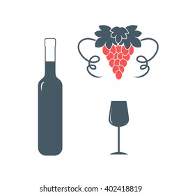 Stylized icon of a colored bottle of wine, wine glass and grapes on a white background