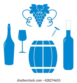 Stylized icon of a colored bottles, glass, corkscrew, barrel of wine and bunch of grapes on a white background