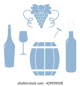 Stylized icon of a colored bottles, glass, corkscrew, barrel of wine and bunch of grapes on a white background