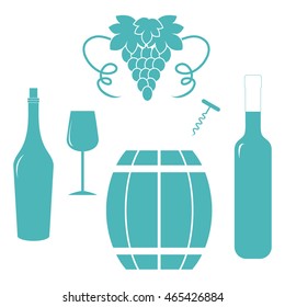 Stylized icon of a colored bottles, glass, corkscrew, barrel of wine and bunch of grapes on a white background