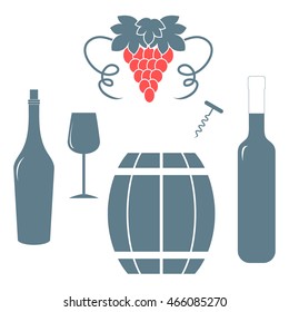 Stylized icon of a colored bottles, glass, corkscrew, barrel of wine and bunch of grapes on a white background