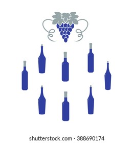 Stylized icon of a colored bottles of wine and bunch of grapes on a white background