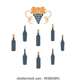 Stylized icon of a colored bottles of wine and bunch of grapes on a white background