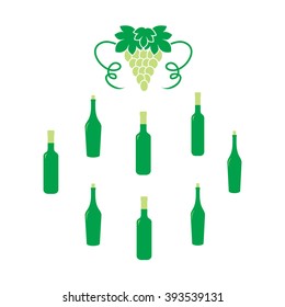Stylized icon of a colored bottles of wine and bunch of grapes on a white background