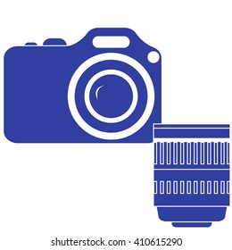 Stylized icon of a colored camera with lens on a white background